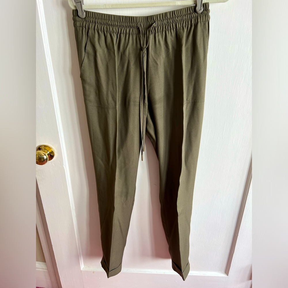 Joie Drawstring Silk Olive Green Joggers Cuffed Hems Medium Gently Worn